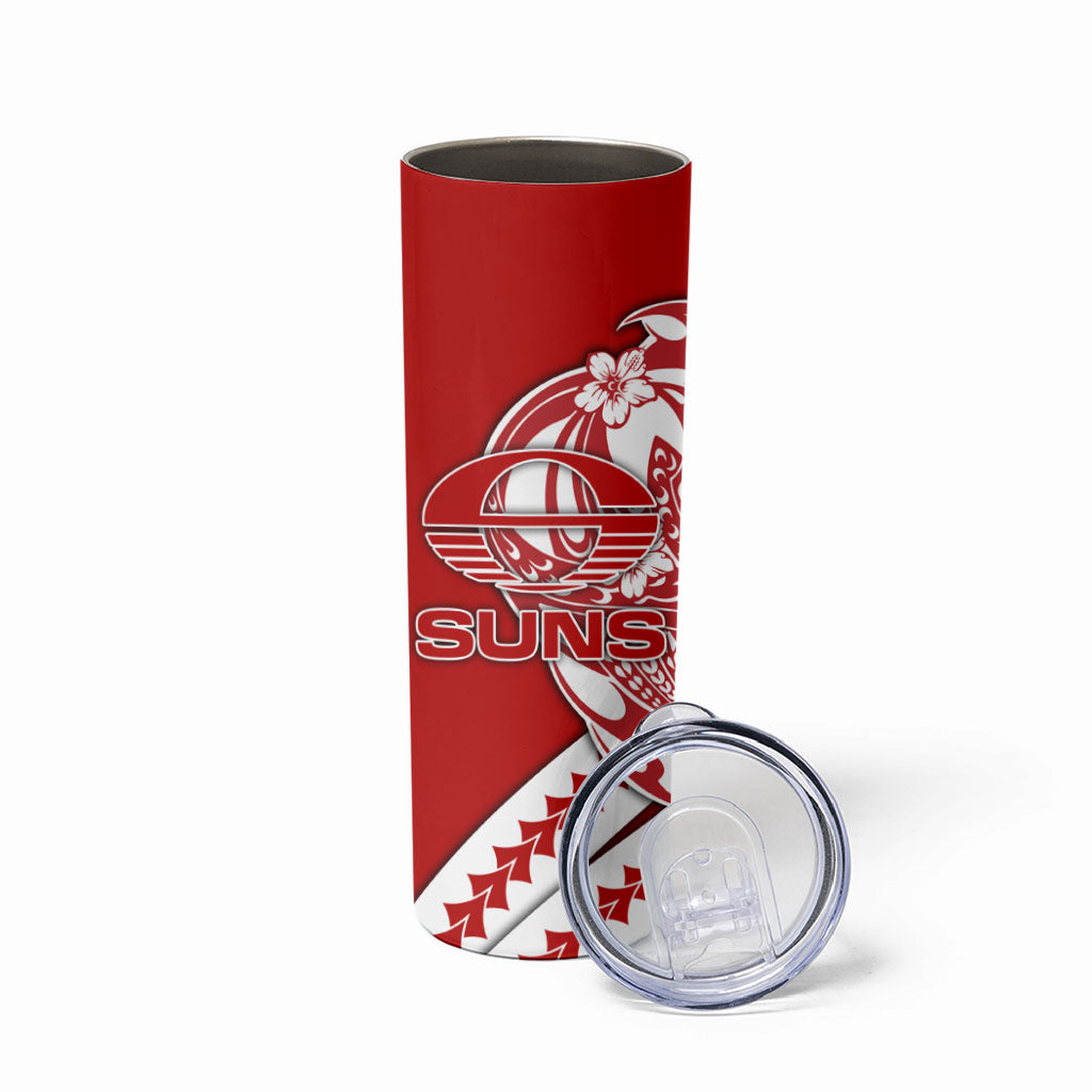 Personalized Gold Coast Suns Skinny Tumbler Polynesian Tribal Sun Mascot With Hibiscus Floral Art