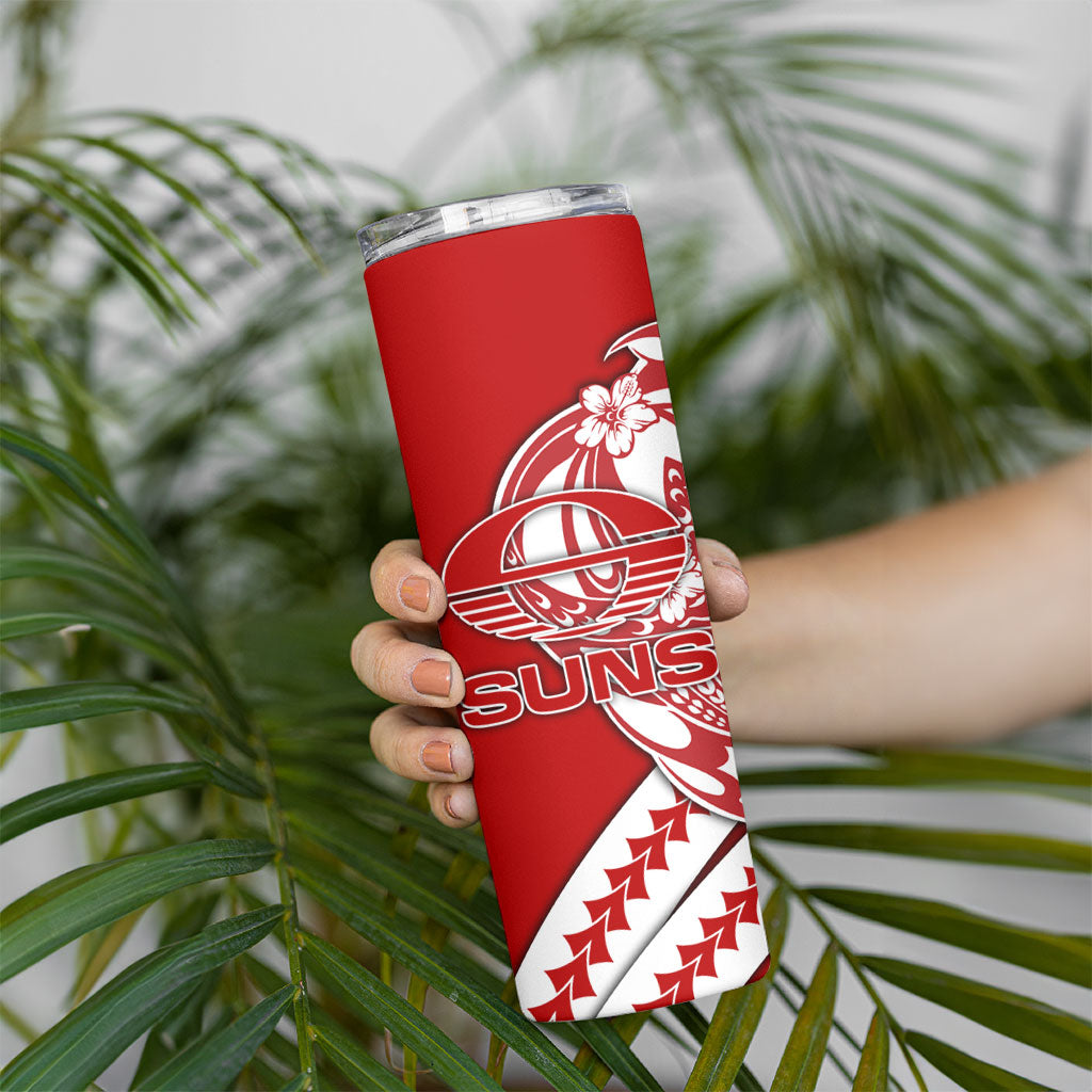 Personalized Gold Coast Suns Skinny Tumbler Polynesian Tribal Sun Mascot With Hibiscus Floral Art