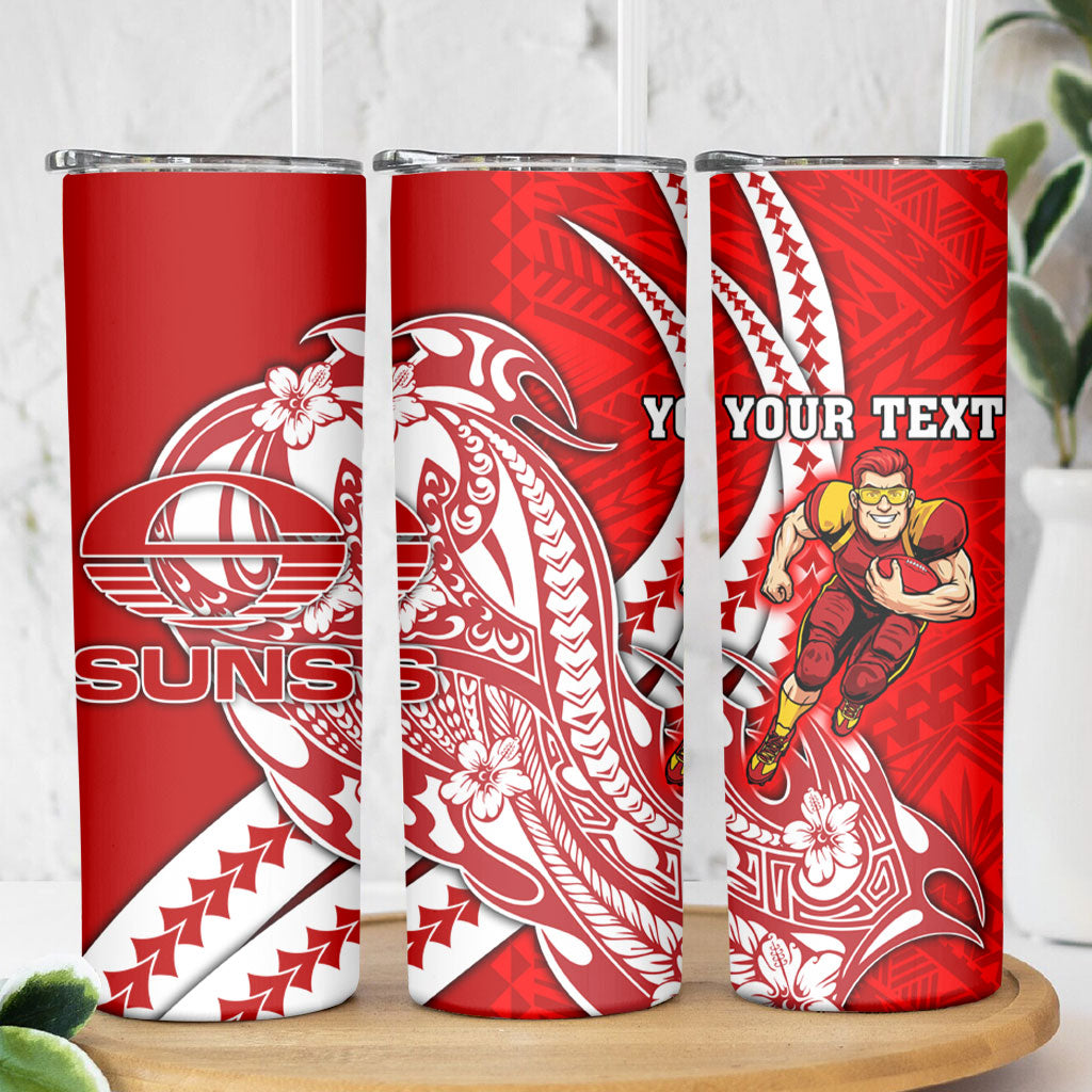 Personalized Gold Coast Suns Skinny Tumbler Polynesian Tribal Sun Mascot With Hibiscus Floral Art