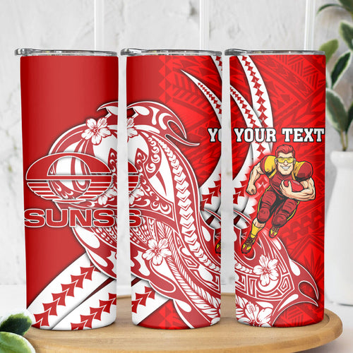 Personalized Gold Coast Suns Skinny Tumbler Polynesian Tribal Sun Mascot With Hibiscus Floral Art