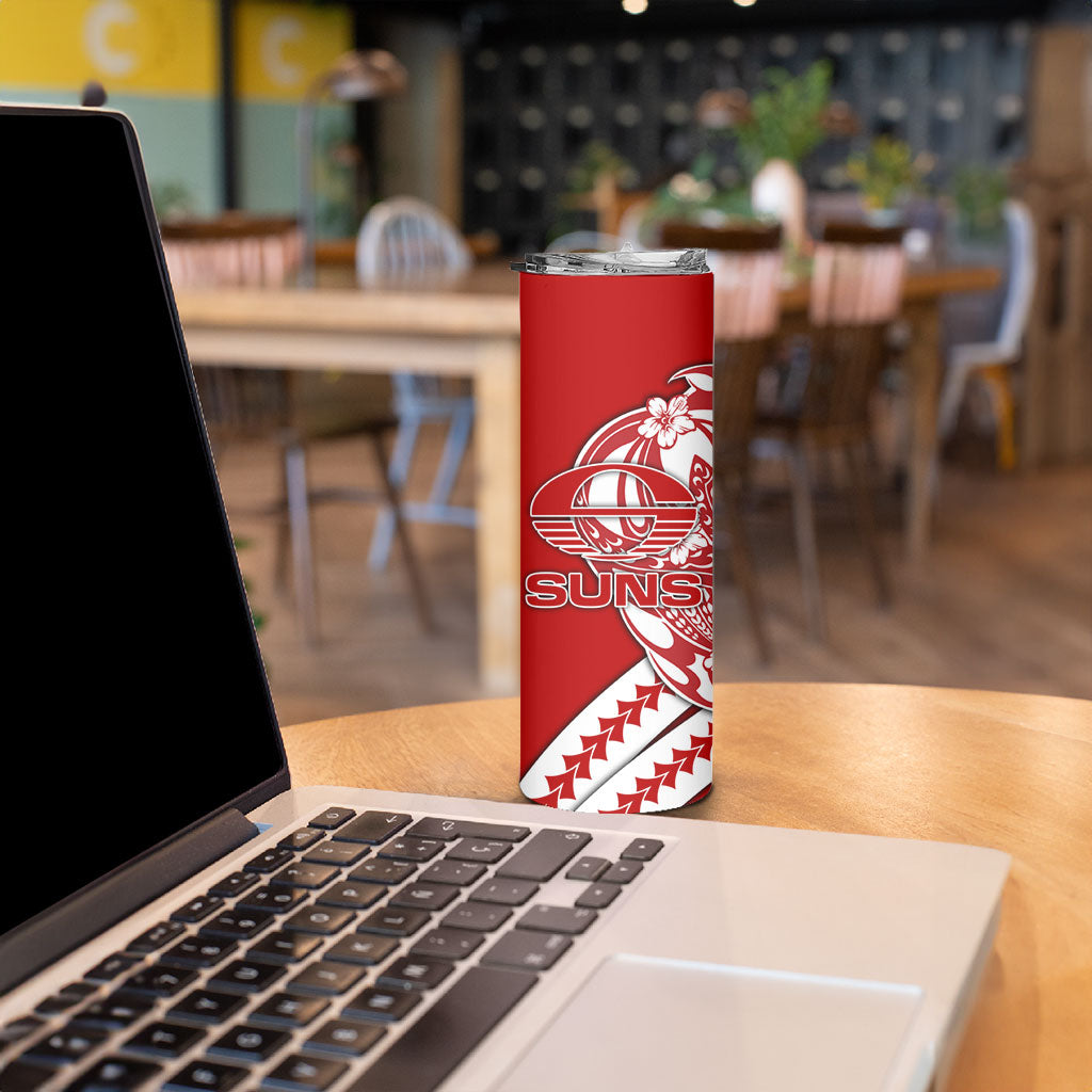 Personalized Gold Coast Suns Skinny Tumbler Polynesian Tribal Sun Mascot With Hibiscus Floral Art