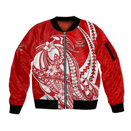 Personalized Gold Coast Suns Sleeve Zip Bomber Jacket Polynesian Tribal Sun Mascot With Hibiscus Floral Art