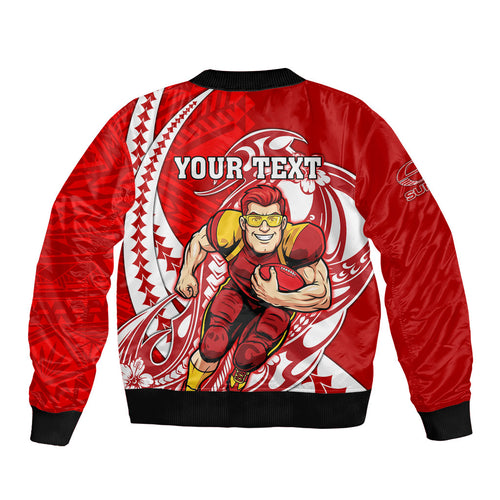 Personalized Gold Coast Suns Sleeve Zip Bomber Jacket Polynesian Tribal Sun Mascot With Hibiscus Floral Art