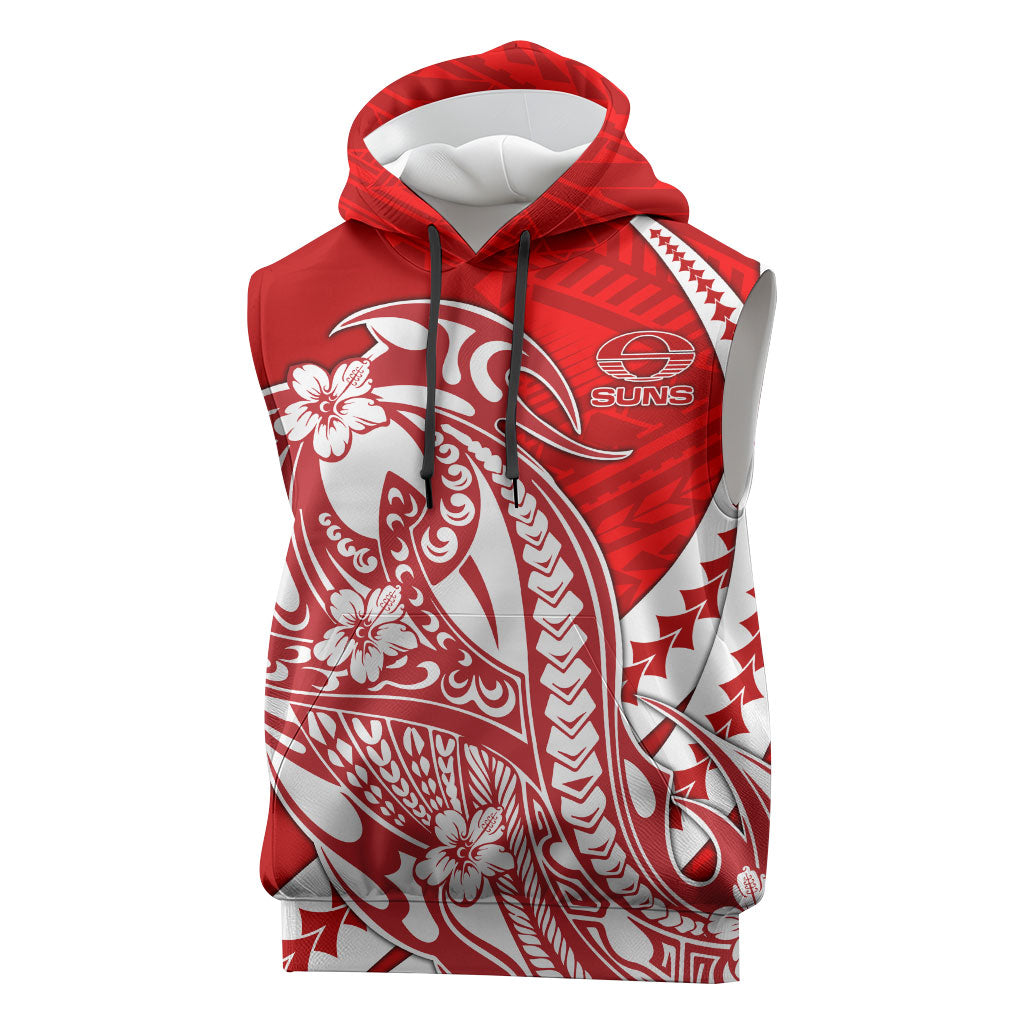 Personalized Gold Coast Suns Sleeveless Hoodie Polynesian Tribal Sun Mascot With Hibiscus Floral Art