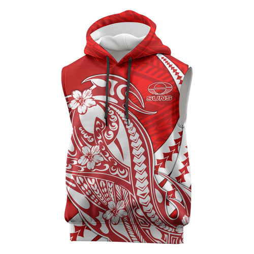Personalized Gold Coast Suns Sleeveless Hoodie Polynesian Tribal Sun Mascot With Hibiscus Floral Art