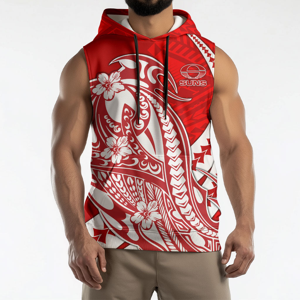 Personalized Gold Coast Suns Sleeveless Hoodie Polynesian Tribal Sun Mascot With Hibiscus Floral Art