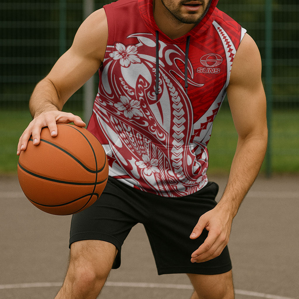 Personalized Gold Coast Suns Sleeveless Hoodie Polynesian Tribal Sun Mascot With Hibiscus Floral Art