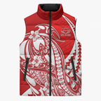 Personalized Gold Coast Suns Sleeveless Puffer Jacket Polynesian Tribal Sun Mascot With Hibiscus Floral Art