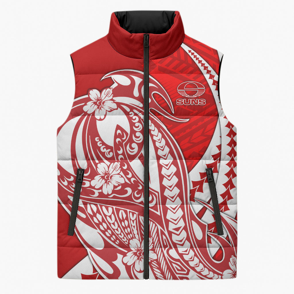Personalized Gold Coast Suns Sleeveless Puffer Jacket Polynesian Tribal Sun Mascot With Hibiscus Floral Art