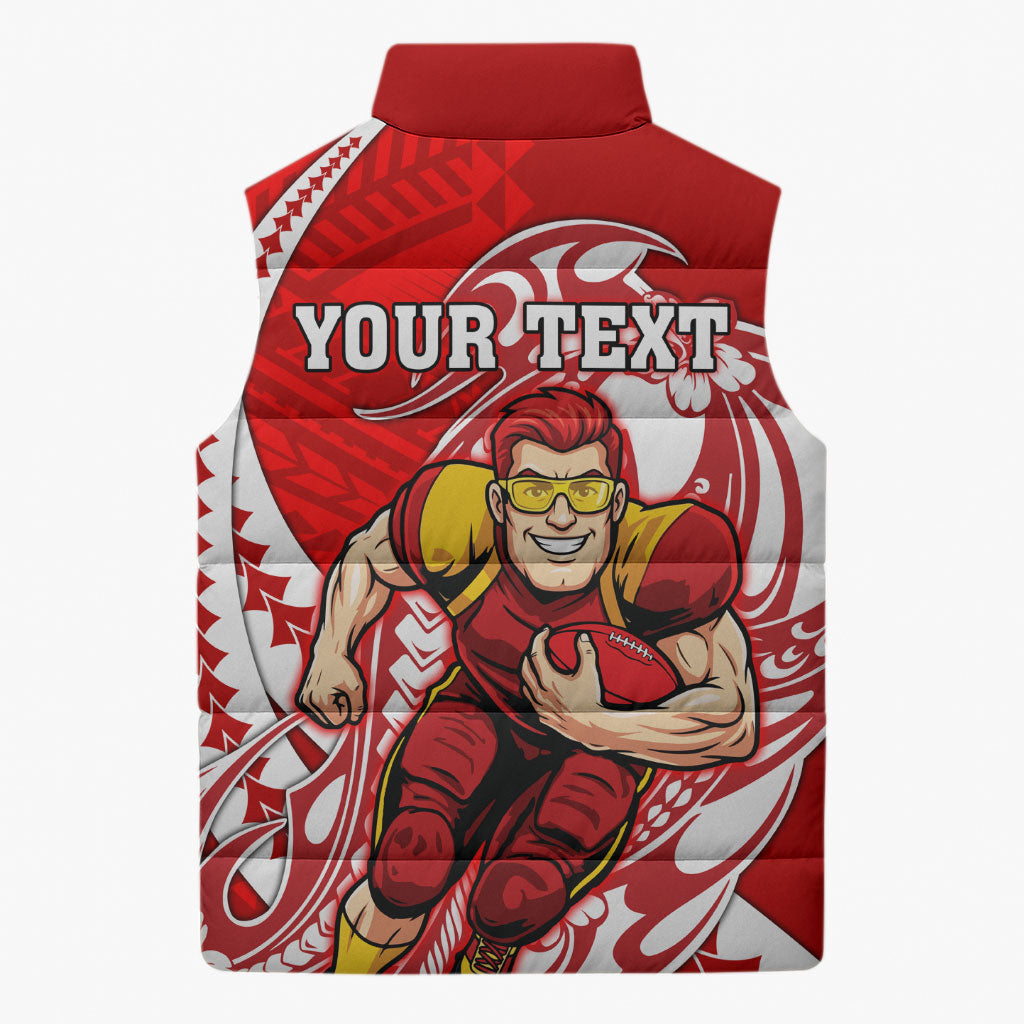 Personalized Gold Coast Suns Sleeveless Puffer Jacket Polynesian Tribal Sun Mascot With Hibiscus Floral Art