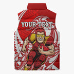 Personalized Gold Coast Suns Sleeveless Puffer Jacket Polynesian Tribal Sun Mascot With Hibiscus Floral Art