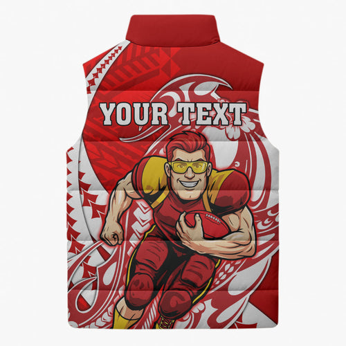 Personalized Gold Coast Suns Sleeveless Puffer Jacket Polynesian Tribal Sun Mascot With Hibiscus Floral Art