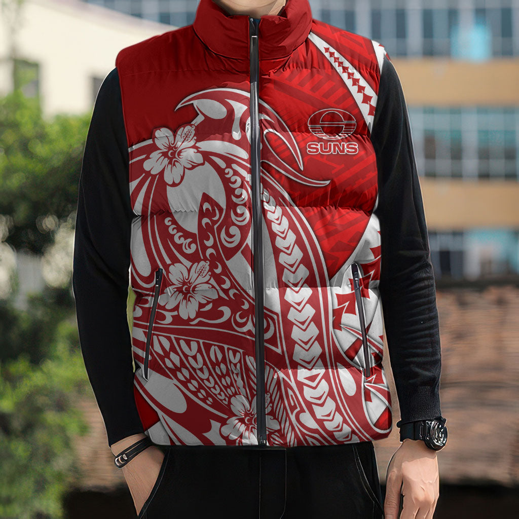 Personalized Gold Coast Suns Sleeveless Puffer Jacket Polynesian Tribal Sun Mascot With Hibiscus Floral Art