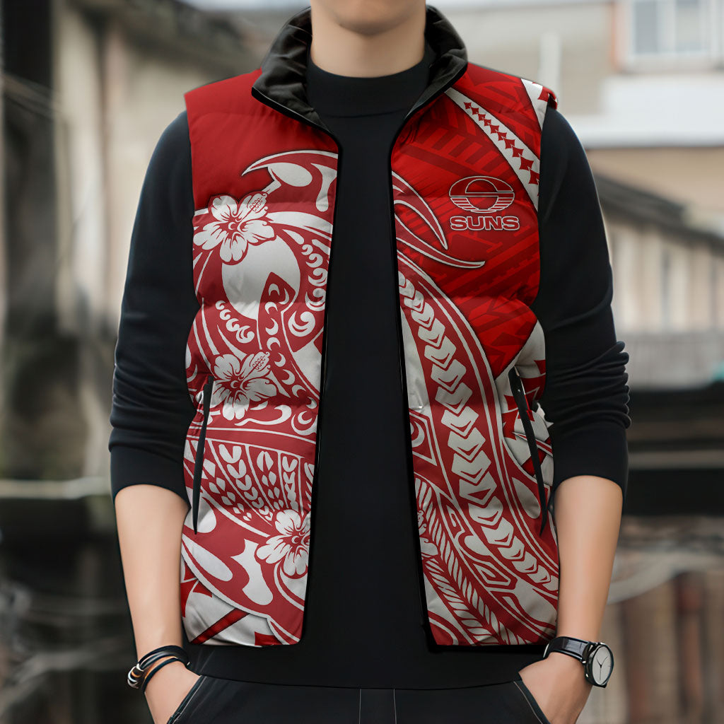 Personalized Gold Coast Suns Sleeveless Puffer Jacket Polynesian Tribal Sun Mascot With Hibiscus Floral Art