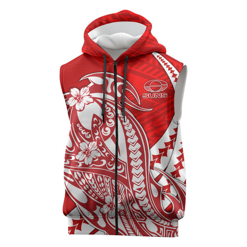 Personalized Gold Coast Suns Sleeveless Zip Hoodie Polynesian Tribal Sun Mascot With Hibiscus Floral Art