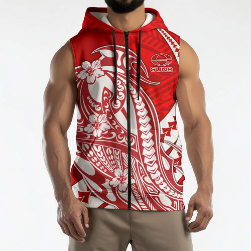 Personalized Gold Coast Suns Sleeveless Zip Hoodie Polynesian Tribal Sun Mascot With Hibiscus Floral Art