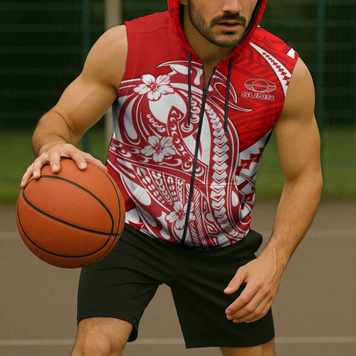Personalized Gold Coast Suns Sleeveless Zip Hoodie Polynesian Tribal Sun Mascot With Hibiscus Floral Art