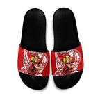 Personalized Gold Coast Suns Slide Sandals Polynesian Tribal Sun Mascot With Hibiscus Floral Art
