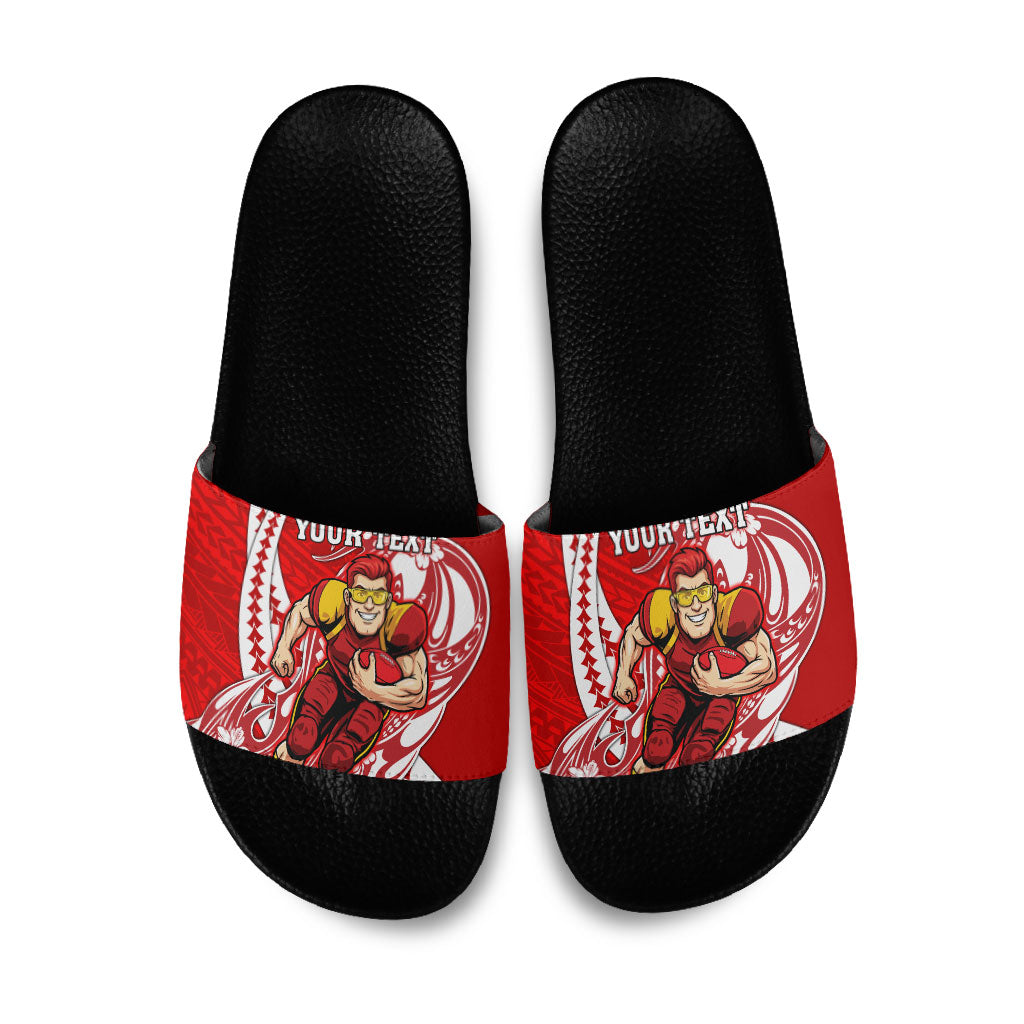 Personalized Gold Coast Suns Slide Sandals Polynesian Tribal Sun Mascot With Hibiscus Floral Art