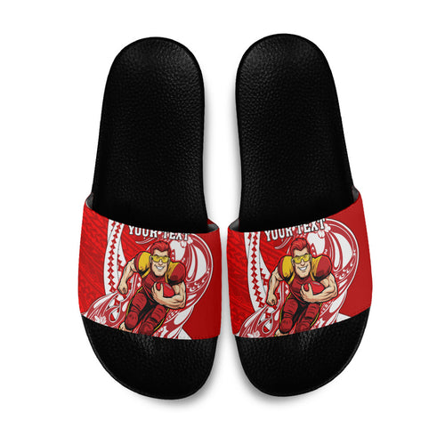 Personalized Gold Coast Suns Slide Sandals Polynesian Tribal Sun Mascot With Hibiscus Floral Art