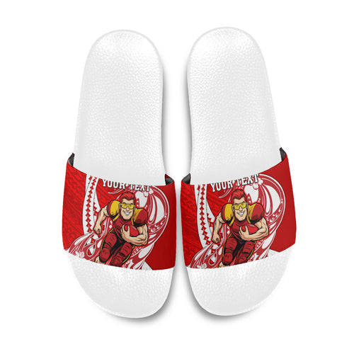 Personalized Gold Coast Suns Slide Sandals Polynesian Tribal Sun Mascot With Hibiscus Floral Art