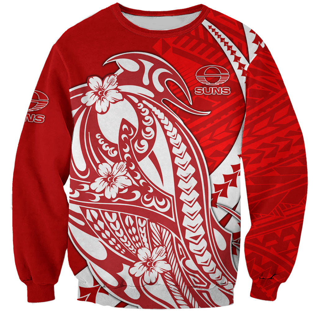 Personalized Gold Coast Suns Sweatshirt Polynesian Tribal Sun Mascot With Hibiscus Floral Art