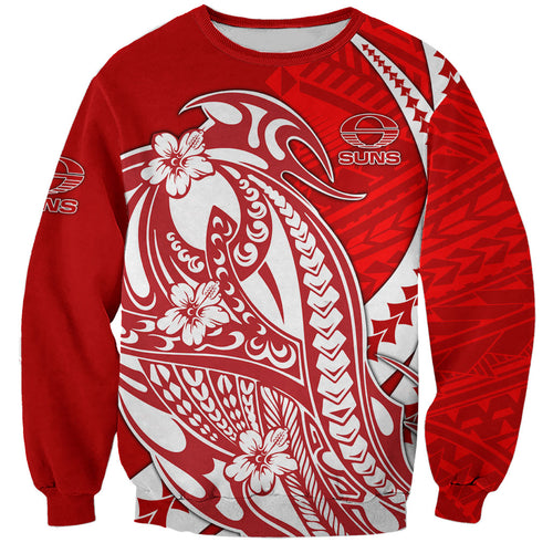 Personalized Gold Coast Suns Sweatshirt Polynesian Tribal Sun Mascot With Hibiscus Floral Art