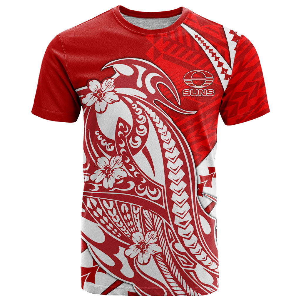 Personalized Gold Coast Suns T Shirt Polynesian Tribal Sun Mascot With Hibiscus Floral Art