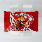 Personalized Gold Coast Suns Tablecloth Polynesian Tribal Sun Mascot With Hibiscus Floral Art