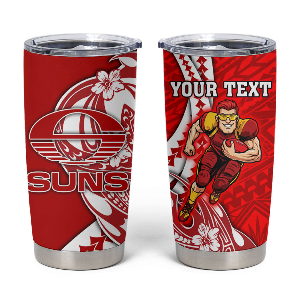 Personalized Gold Coast Suns Tumbler Cup Polynesian Tribal Sun Mascot With Hibiscus Floral Art