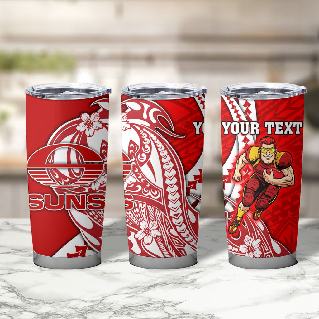 Personalized Gold Coast Suns Tumbler Cup Polynesian Tribal Sun Mascot With Hibiscus Floral Art