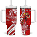 Personalized Gold Coast Suns Tumbler With Handle Polynesian Tribal Sun Mascot With Hibiscus Floral Art
