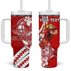 Personalized Gold Coast Suns Tumbler With Handle Polynesian Tribal Sun Mascot With Hibiscus Floral Art