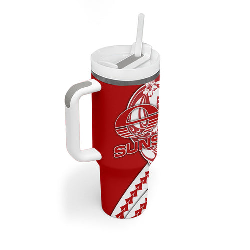 Personalized Gold Coast Suns Tumbler With Handle Polynesian Tribal Sun Mascot With Hibiscus Floral Art