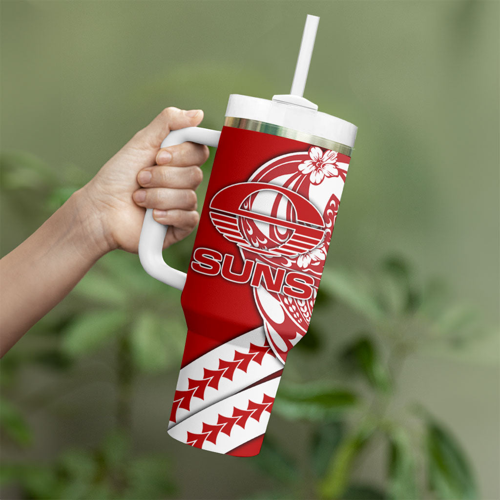 Personalized Gold Coast Suns Tumbler With Handle Polynesian Tribal Sun Mascot With Hibiscus Floral Art