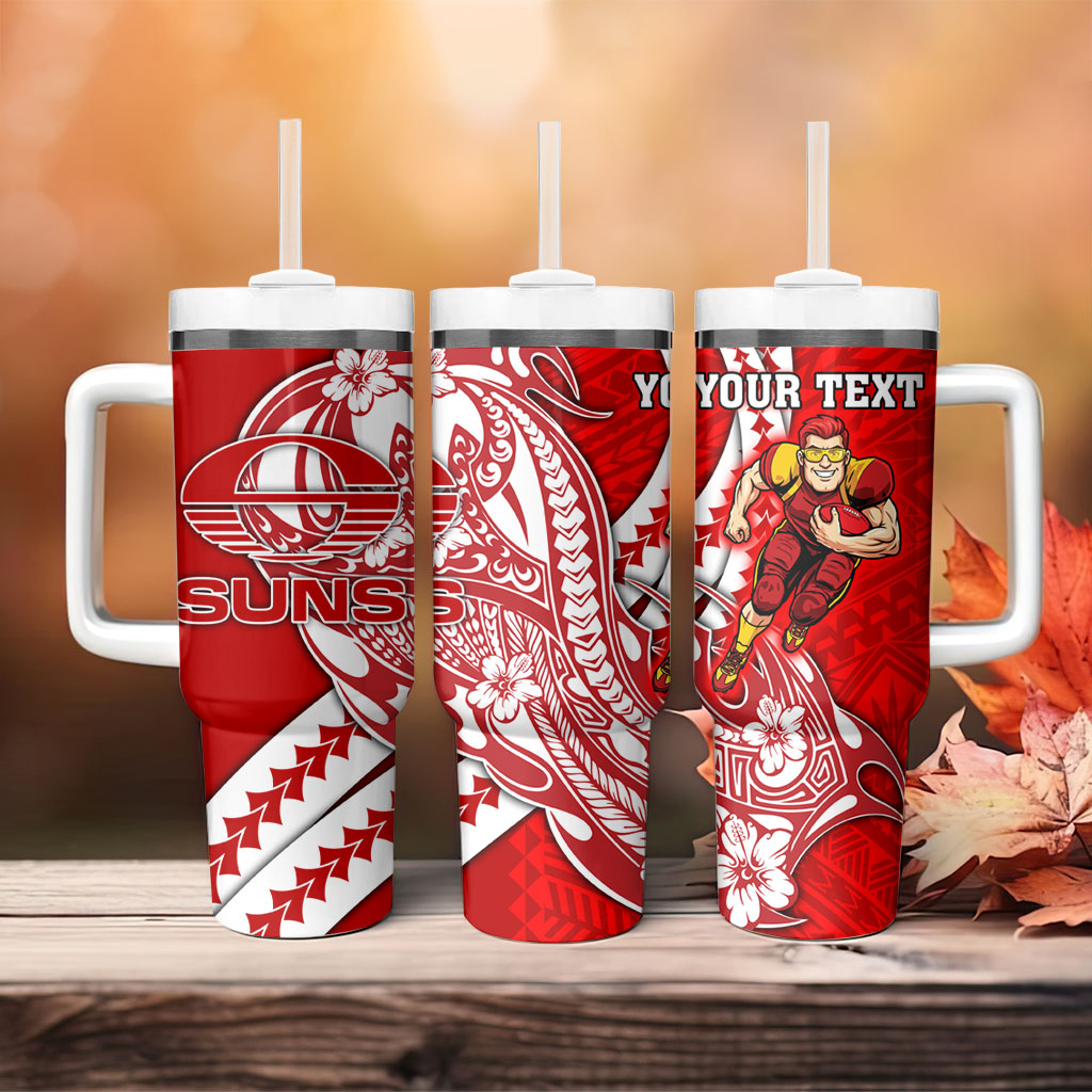Personalized Gold Coast Suns Tumbler With Handle Polynesian Tribal Sun Mascot With Hibiscus Floral Art