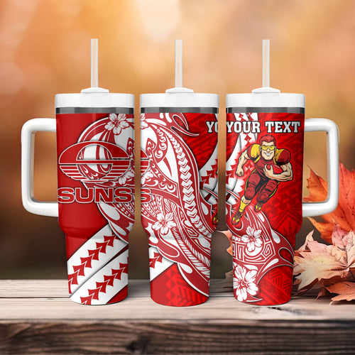 Personalized Gold Coast Suns Tumbler With Handle Polynesian Tribal Sun Mascot With Hibiscus Floral Art