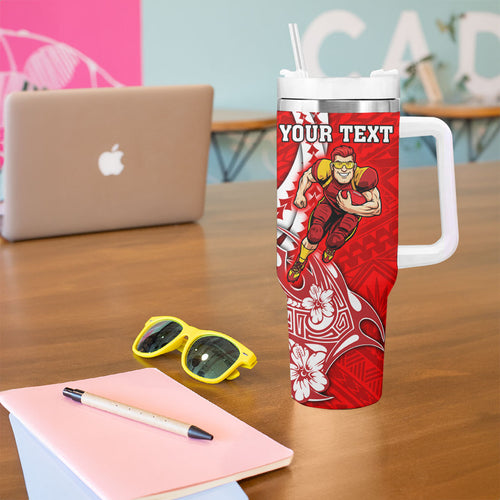 Personalized Gold Coast Suns Tumbler With Handle Polynesian Tribal Sun Mascot With Hibiscus Floral Art