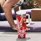 Personalized Gold Coast Suns Tumbler With Handle Polynesian Tribal Sun Mascot With Hibiscus Floral Art