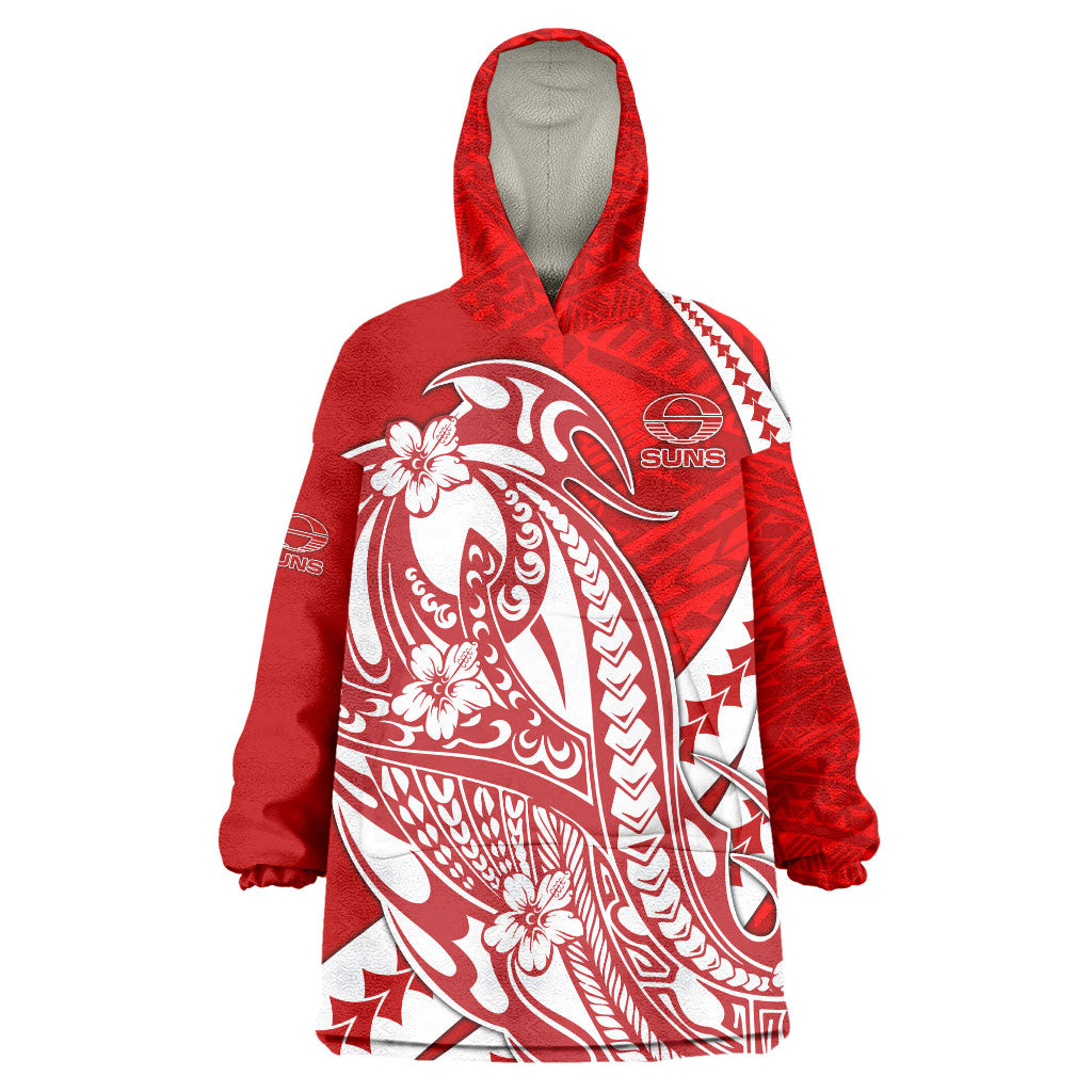 Personalized Gold Coast Suns Wearable Blanket Hoodie Polynesian Tribal Sun Mascot With Hibiscus Floral Art