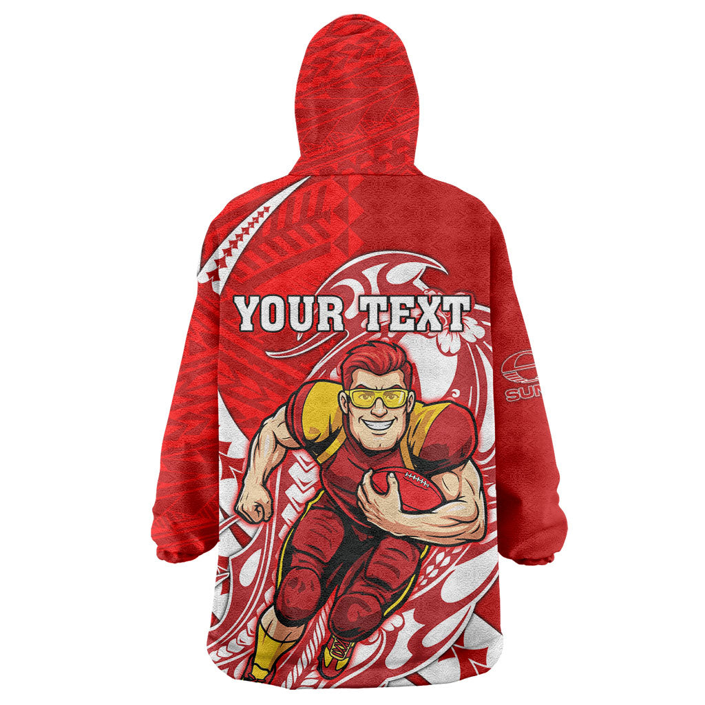 Personalized Gold Coast Suns Wearable Blanket Hoodie Polynesian Tribal Sun Mascot With Hibiscus Floral Art