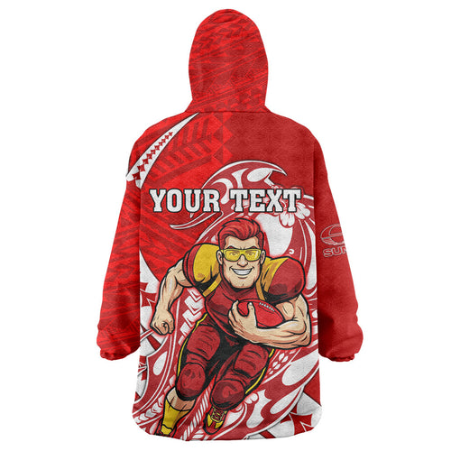 Personalized Gold Coast Suns Wearable Blanket Hoodie Polynesian Tribal Sun Mascot With Hibiscus Floral Art