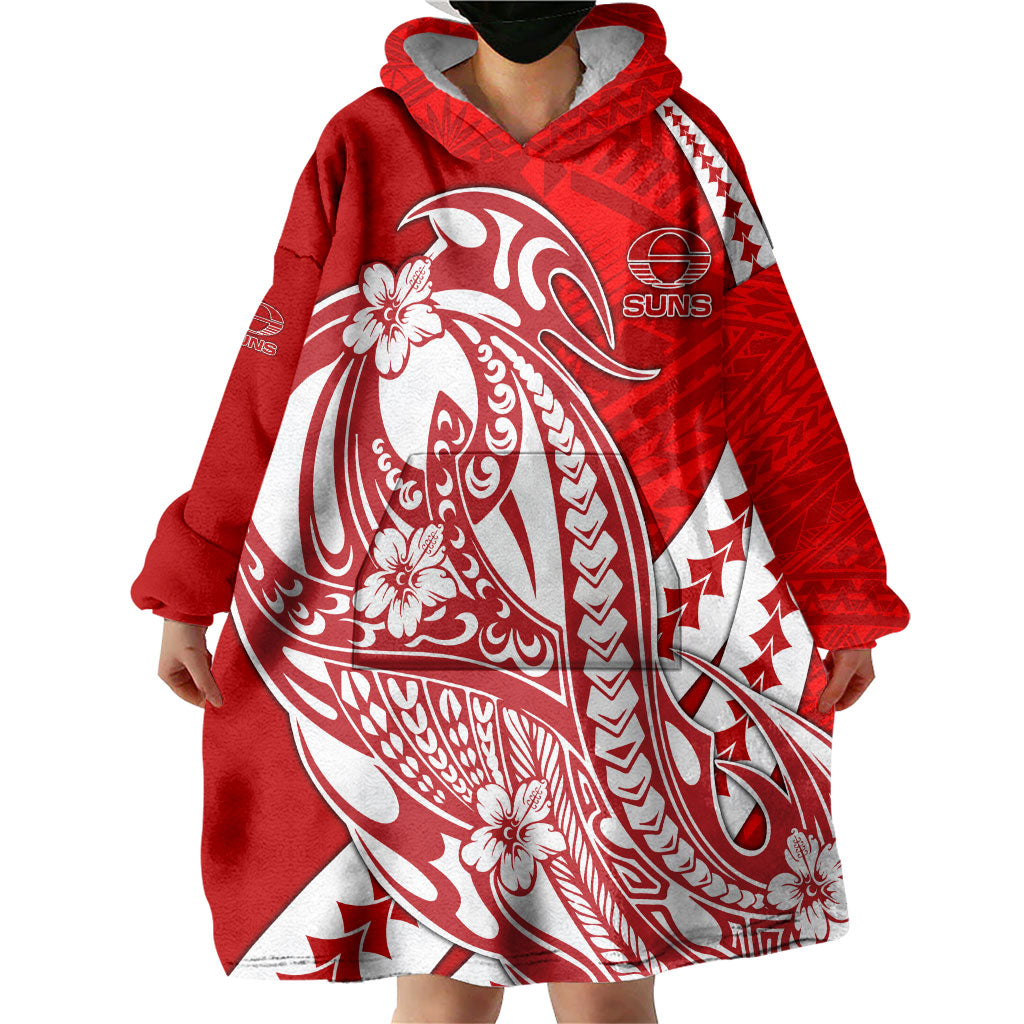 Personalized Gold Coast Suns Wearable Blanket Hoodie Polynesian Tribal Sun Mascot With Hibiscus Floral Art
