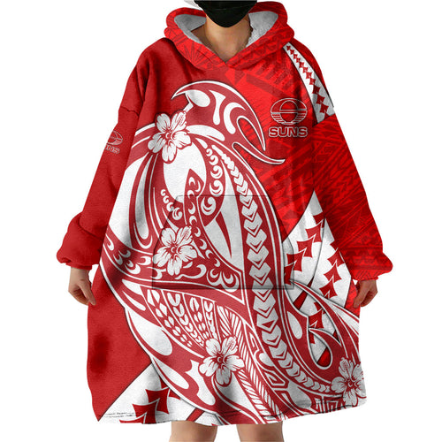 Personalized Gold Coast Suns Wearable Blanket Hoodie Polynesian Tribal Sun Mascot With Hibiscus Floral Art