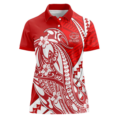 Personalized Gold Coast Suns Women Polo Shirt Polynesian Tribal Sun Mascot With Hibiscus Floral Art