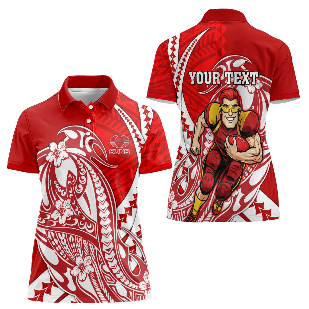 Personalized Gold Coast Suns Women Polo Shirt Polynesian Tribal Sun Mascot With Hibiscus Floral Art