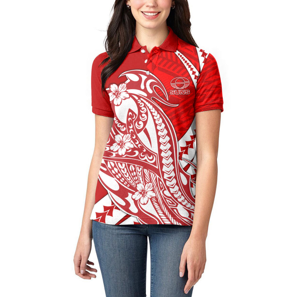 Personalized Gold Coast Suns Women Polo Shirt Polynesian Tribal Sun Mascot With Hibiscus Floral Art