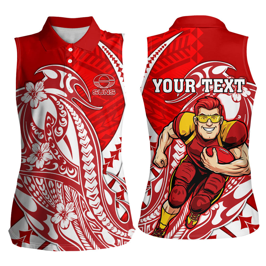 Personalized Gold Coast Suns Women Sleeveless Polo Shirt Polynesian Tribal Sun Mascot With Hibiscus Floral Art