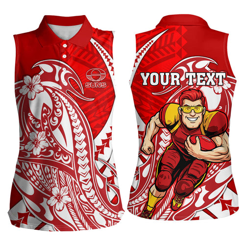Personalized Gold Coast Suns Women Sleeveless Polo Shirt Polynesian Tribal Sun Mascot With Hibiscus Floral Art