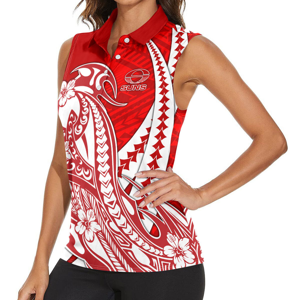 Personalized Gold Coast Suns Women Sleeveless Polo Shirt Polynesian Tribal Sun Mascot With Hibiscus Floral Art